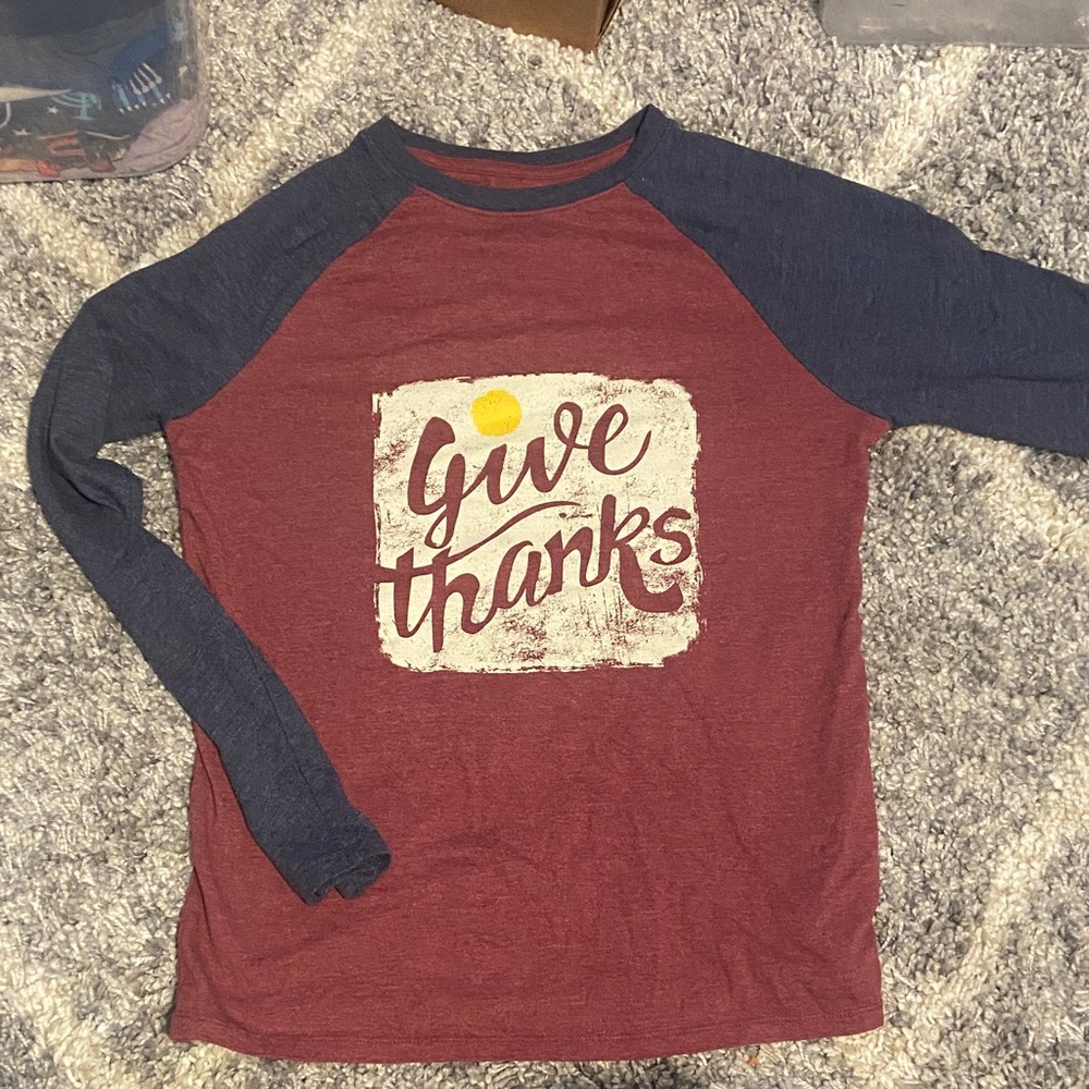 Kids Long Sleeve 'Give Thanks' Shirt - Red and Blue
